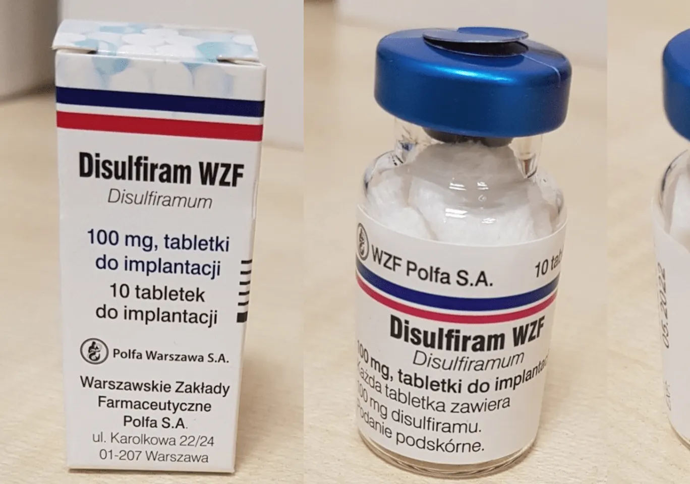 Wszywka alkoholowa Esperal / Disulfiram Bydgoszcz: fiolka disulfiramu obok opakowania leku